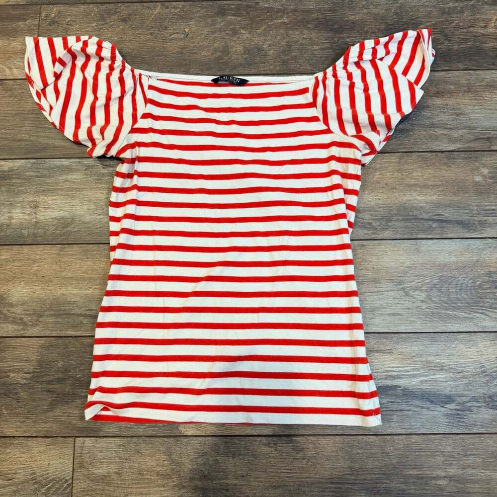 Lauren Ralph Lauren Off-Shoulder Top Size L Red White Striped